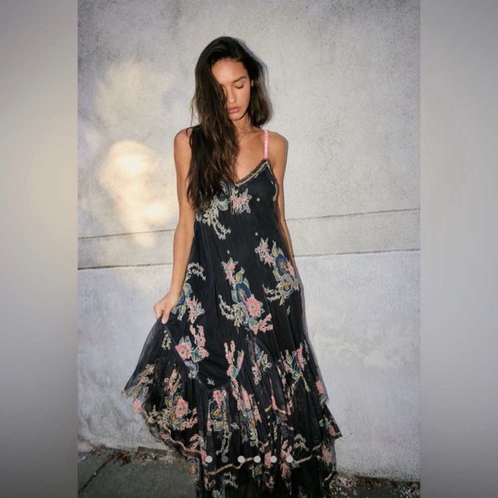 Free People Moonlit Glow Maxi Dress Beaded Floral Metallic Embellished XS